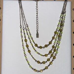 Green and Gold toned Multi-Strand Necklace with Cascading Beads